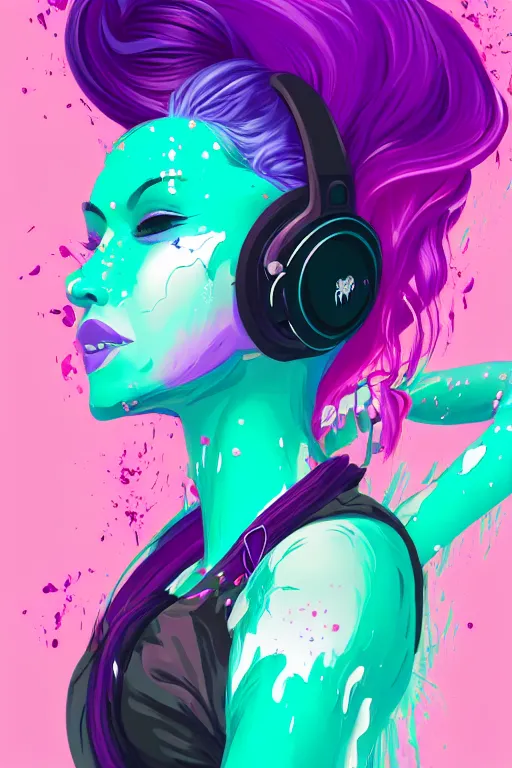 Image similar to a award winning half body portrait of a beautiful woman in a croptop and cargo pants with ombre purple pink teal hairstyle with head in motion and hair flying listenin to music on headphones by wlop, paint splashes and splatter, outrun, vaporware, shaded flat illustration, digital art, trending on artstation, highly detailed, fine detail, intricate