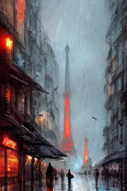 Prompt: beautiful digital illustration Paris city in the rain cyberpunk by Marc Simonetti