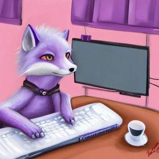 Prompt: A light pink fox with purple hair sits at a desk typing on a laptop with a cup of coffee, digital painting, furry fandom, detailed