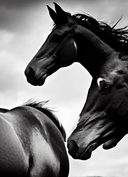 Image similar to two horses black and white portrait white sky in background