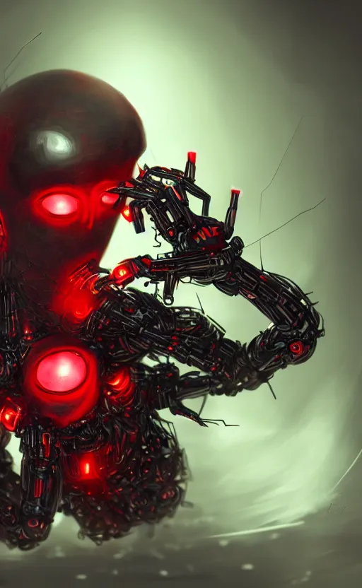 Image similar to a robot humanoid spider with 4 arms with claws, glowing red eyes, in a black carbon and red fiber armor, smiling creepily, dynamic lighting, photorealistic fantasy concept art, trending on art station, stunning visuals, creative, cinematic, ultra detailed