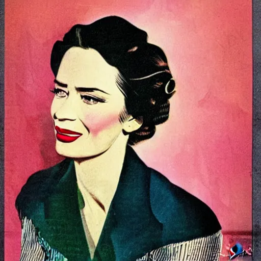 Image similar to “Emily Blunt portrait, color vintage magazine illustration 1950”