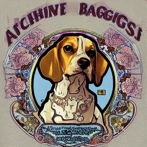 Prompt: a beagle t shirt design by alphonso mucha