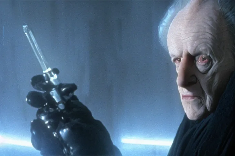 Image similar to (a cinematic still from return of the jedi!!), palpatine, masterpiece