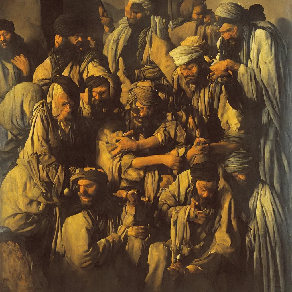 Image similar to taliban by johannes vermeer, oil painting, beautiful lighting, saturated colors, highly detailed.