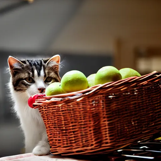 Prompt: warehouse cat guarding a basket of fruit, photograph, dramatic lighting, 4k