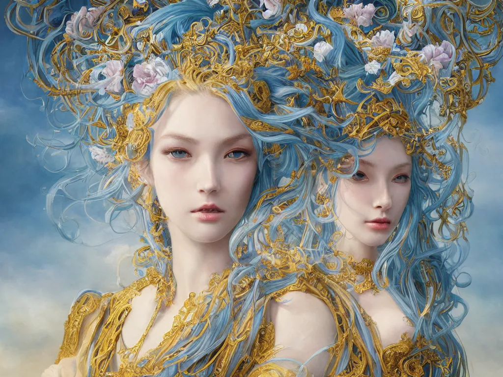 Image similar to breathtaking detailed painting of a full shot knight queen with long flowing bright blue hair, pastel flowers petals and golden tumultuous clouds, art by pilyeon and yuumei art, symmetrical facial features, at dawn in front of a pristine golden art nouveau cathedral, elegant, volumetric lighting, highly detailed, artstation, concept art, matte, sharp focus,