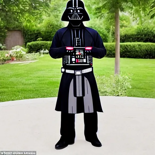 Image similar to darth vader wearing a apron with a funny foke on it grilling at his house on tatoonie, realistic