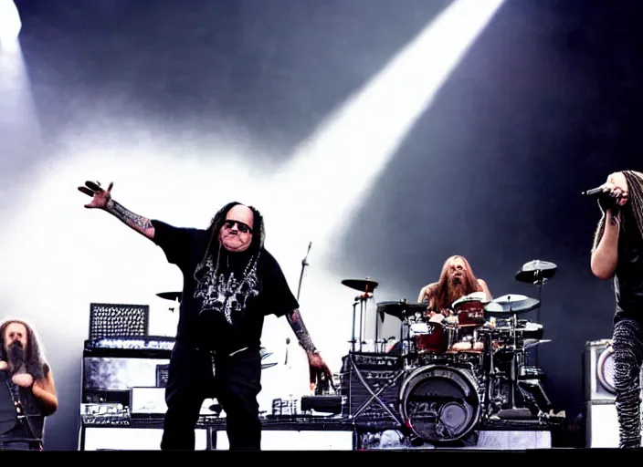 Image similar to publicity photo still of danny devito touring with korn live on stage, 8 k, live concert lighting, mid shot