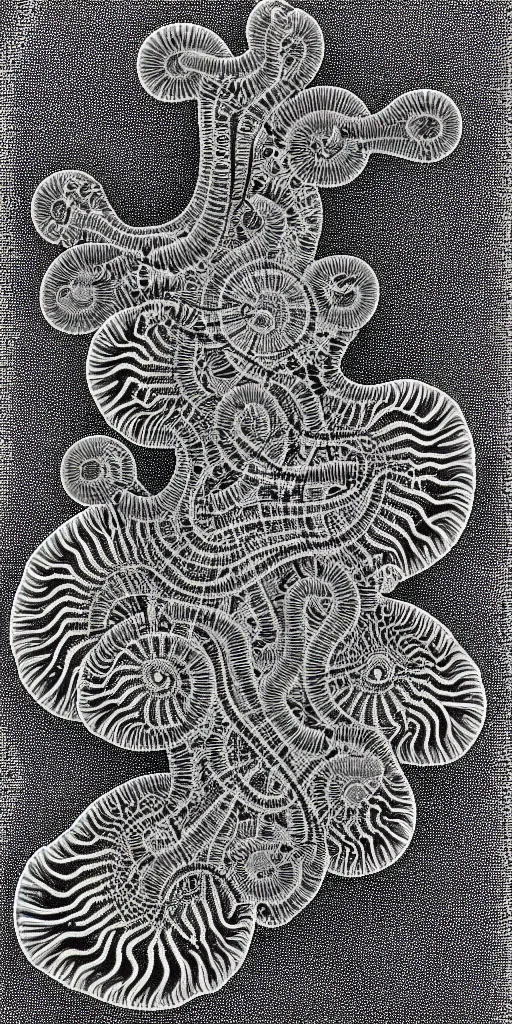 Image similar to a black and white drawing of a variety of sea life, a microscopic photo by ernst haeckel, zbrush central, kinetic pointillism, bioluminescence, intricate patterns, photoillustration