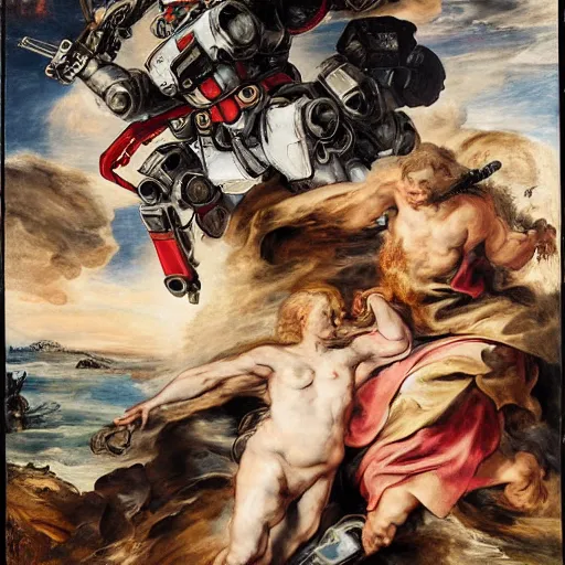 Prompt: peter paul rubens as consequences of wars with mecha gundam invited, random content position, delete duplicate content, photorealistic details content, incrinate, masterpiece, ultra detailed human structures.