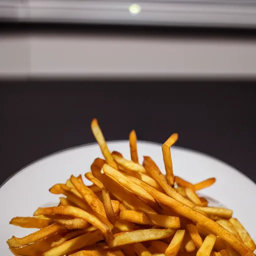 Prompt: professional photo of a massive plate of French fries that reach as high as the ceiling, 4k