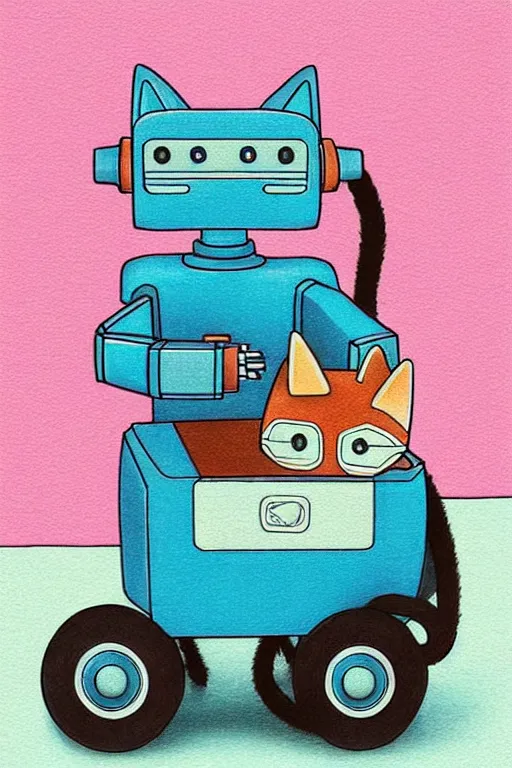 Image similar to ( ( ( ( ( ( ( a robot cat riding a cyber wagon ) ) ) ) ) ) ) by chris mcgrath!!!!!!!!!!!!!! muted colors, detailed