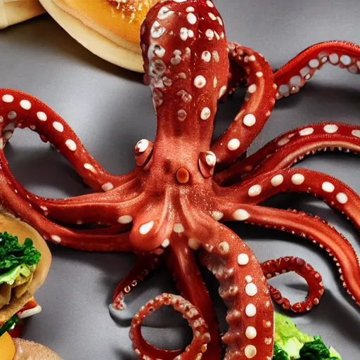 Image similar to octopus made of steel eating fastfood, 5 5 mm