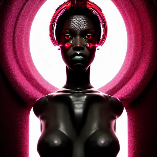 Image similar to portrait of an absurdly beautiful, graceful, sophisticated, fashionable black cyberpunk mechanoid gravure idol, hyperdetailed illustration by irakli nadar, adut akech, matt wisniewski style, intricate linework, dark black porcelain skin, jellyfish headdress, unreal engine 5 highly rendered, global illumination, red light, detailed and intricate environment