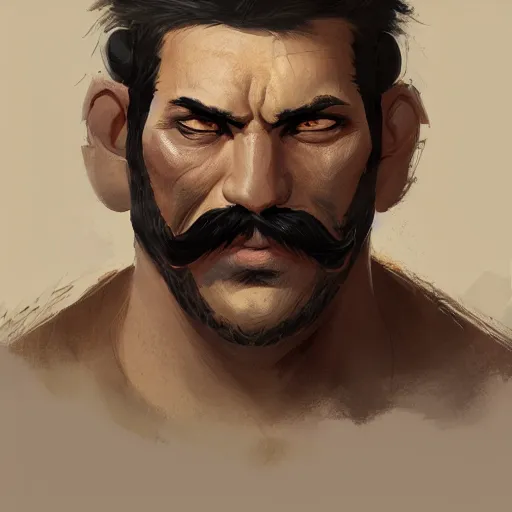 Image similar to portrait old barbarian warrior with trucker mustache and short hair, 8 k, trending on art station, by tooth wu and greg rutkowski