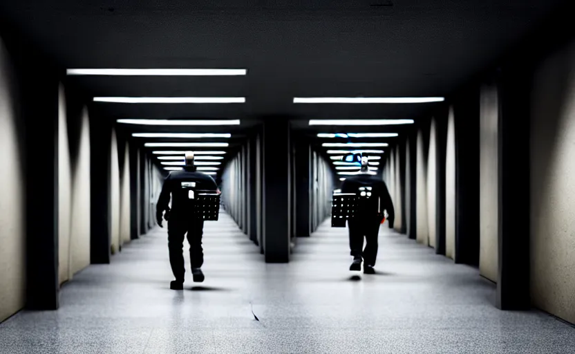 Image similar to Black quadcopters swarm the wide hallways in a futuristic prison underground with brutalist architecture, staff can be seen carrying black duffel bags, sigma 85mm f/1.4, 4k, depth of field, high resolution, 4k, 8k, hd, full color