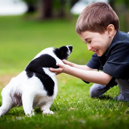 Image similar to a short young looking guy playing with his black and white dog