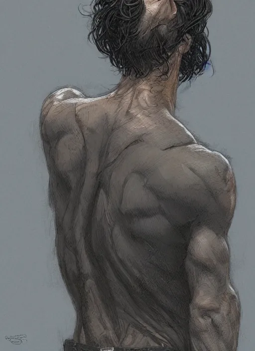 Prompt: darkhaired man seen from behind wearing shirt, head and shoulders, intricate, highly detailed, centered, digital painting, artstation, concept art, smooth, sharp focus, illustration, art by james gurney and donato giancola and greg rutkowski