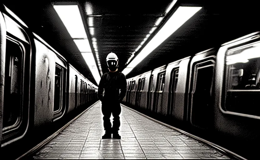 Image similar to welder wearing welding masks in the subway, by richard avedon, ominous lighting, tri - x pan stock