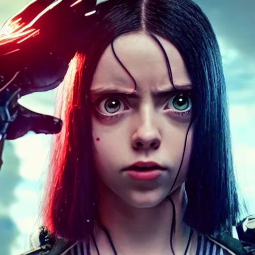 Prompt: Billie Eilish as Alita in Alita:Battle Angel, Film Still, 35mm dramatic lighting, cinematic, deep focus, styleframe,