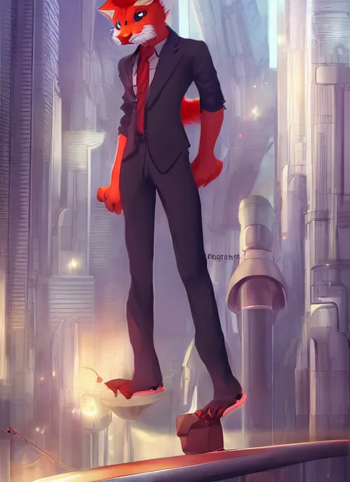 Image similar to character portrait of a male anthro Incineroar fursona with a furry body wearing a dress shirt and slacks in a futuristic city. Character design by charlie bowater, ross tran, artgerm, and makoto shinkai, detailed, inked, western comic book art