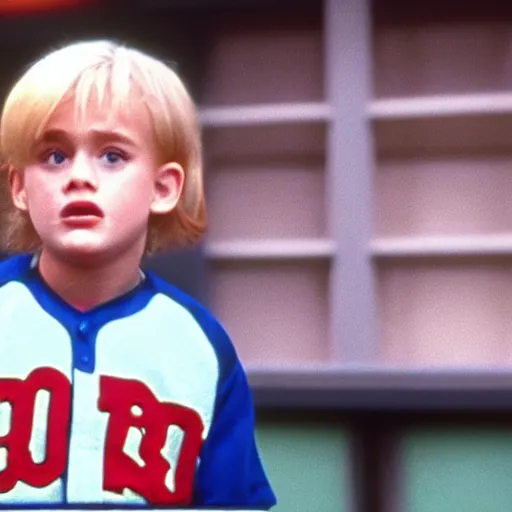 Image similar to a film still of a blonde young bou wearing a baseball outfit in Home Alone(1990)