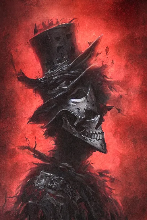 Image similar to the ghost - spirit of the grim - hatter wears the scarlet skull armor and blood crown, midnight fog - mist!, dark oil painting colors, realism, cinematic lighting, various refining methods, micro macro autofocus, ultra definition, award winning photo