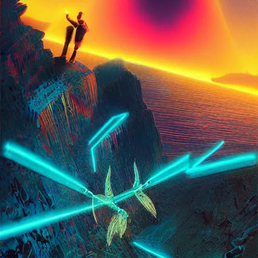 Image similar to psychedelic tron wings in front of a lsd sunset, cliffside ocean scene, diffuse lighting, hyper realistic, elegant, intricate, hyper detailed, smooth, sharp focus, concept art, illustration, trending on artstation, art by artem demura, greg rutkowski, james gurney, and alphonse mucha