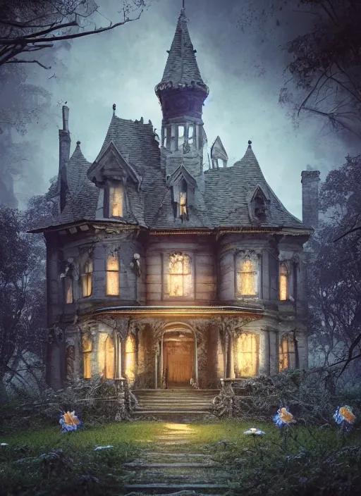 Image similar to A haunted Mansion in the middle of the woods, evil, demonic, enchanting, angelic, flowers, nature, city, symmetry, environment concept, cinematic, Rendered in Octane, trending on artstation, cgsociety, moody lighting rendered by octane engine, environment 8K artstation, cinematic lighting, intricate details, 8k detail post processing, hyperealistic, octane render, photo realism, visually inspired by Blade Runner 2049