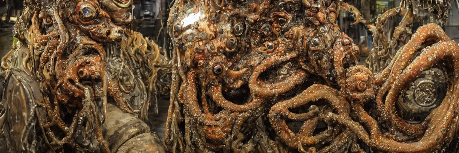 Image similar to low wide angle photo taken of an epic intricate, ultra detailed, super realistic gritty, hero prop, exquisitely painted animatronic movie prop of a wet slimy grotesque nightmarish hellish mutant cephalopod creature displayed in the workshop, created by weta workshop, full body shot, photorealistic, sharp focus