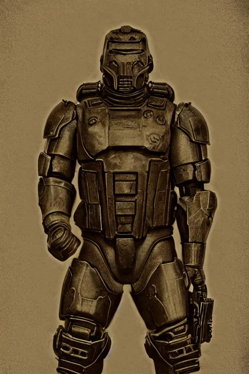 Image similar to doomguy, portrait, full body, symmetrical features, silver iodide, 1 8 8 0 photograph, sepia tone, aged paper, sergio leone, master prime lenses, cinematic