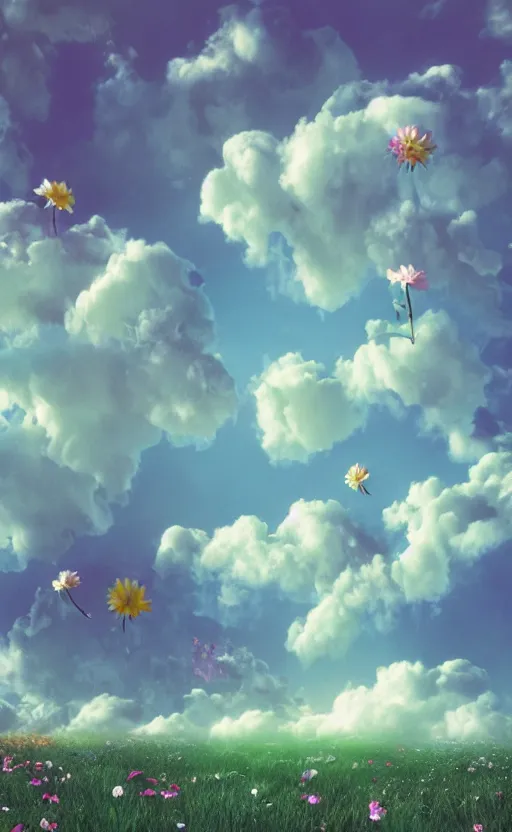 Image similar to flowers as clouds, soft render, volumetric lighting, 3d grainy surreal aesthetic illustration, editorial magazine cover