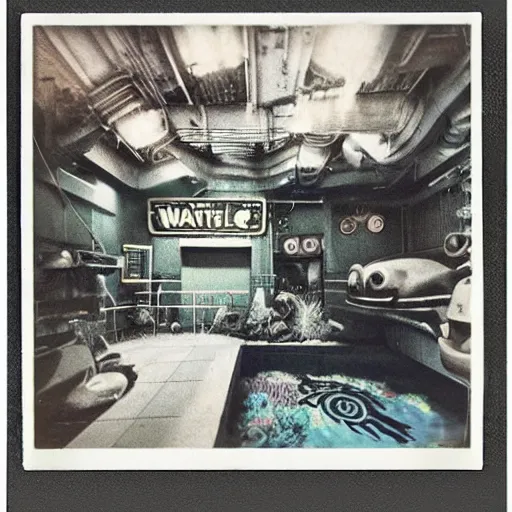 Image similar to under water deep sea station at night, lo fi, polaroid 6 0 0, 1 9 6 5 lightning, vintage science fiction, aquatic plants, colorful swirls of paint, movie set.