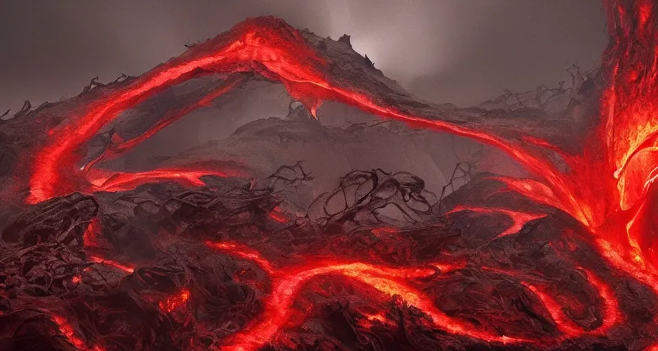 Prompt: a volcano made of ivory vines and crimson rocks enters in eruption, it spits a smoke in the shape of demonic eye, by D&D Concept Artists