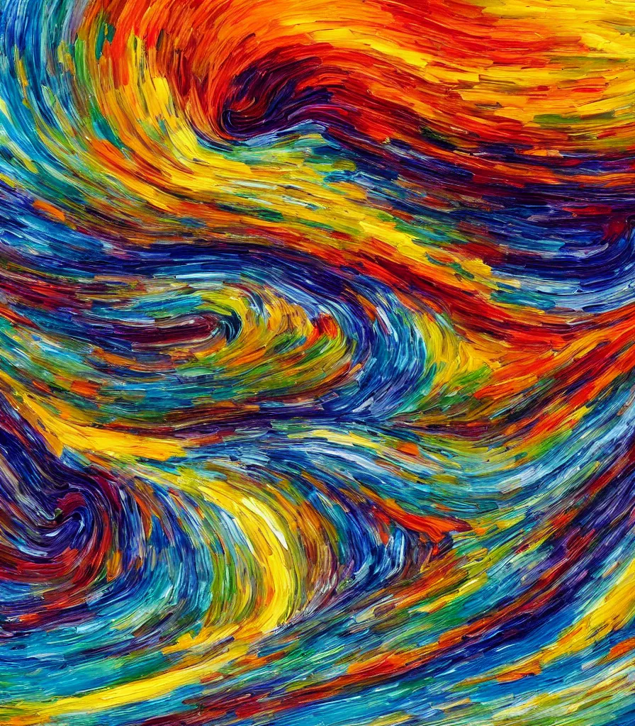 Image similar to an impasto oil painting of a barreling wave, traidic color scheme, high detail, breathtaking wave, modern art, abstract art, energetic colors