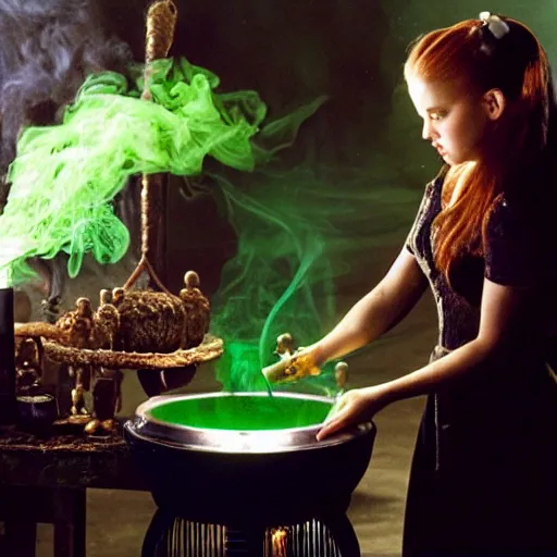 Image similar to teen witch mixing a spell in a cauldron, wispy smoke, studio photography, a black cat, green glowing smoke is coming out of the cauldron, ingredients on the table, apothecary shelves in the background, still from the tv show just add magic