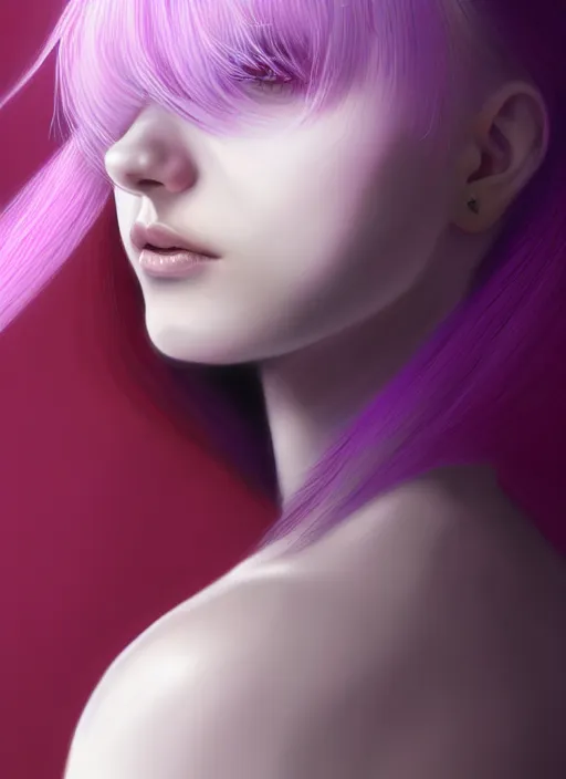 Image similar to hair whitebangs hair, black hair, whitebangs, portrait of teenage girl with white bangs, red irises, purple clothes, white bangs, bangs are different color from hair, intricate, elegant, glowing lights, highly detailed, digital painting, artstation, concept art, smooth, sharp focus, illustration, art by wlop, mars ravelo and greg rutkowski