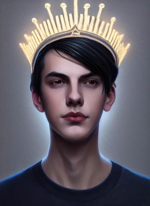 Image similar to portrait of teenage jughead jones wearing a light grey crown, photorealistic, crown, eyes closed, crown, black hair, intricate, elegant, glowing lights, highly detailed, digital painting, artstation, concept art, smooth, sharp focus, illustration, art by wlop, mars ravelo and greg rutkowski