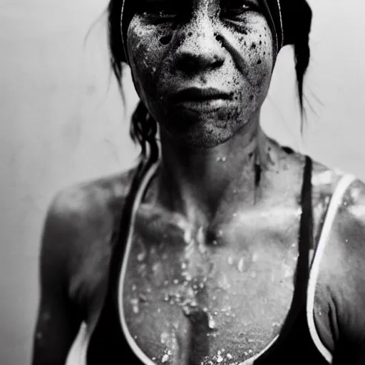 Image similar to close up portrait of woman boxer after boxing with brews blood sweating, photography photojournalism, very grainy image, 80mm lens, close up portrait polaroid