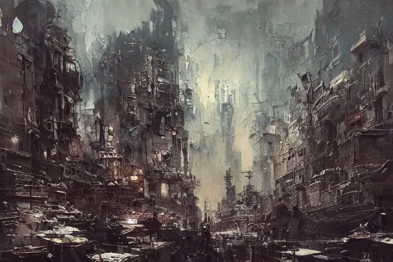 Image similar to a highly detailed chaotic bleak cityscape by denis forkas
