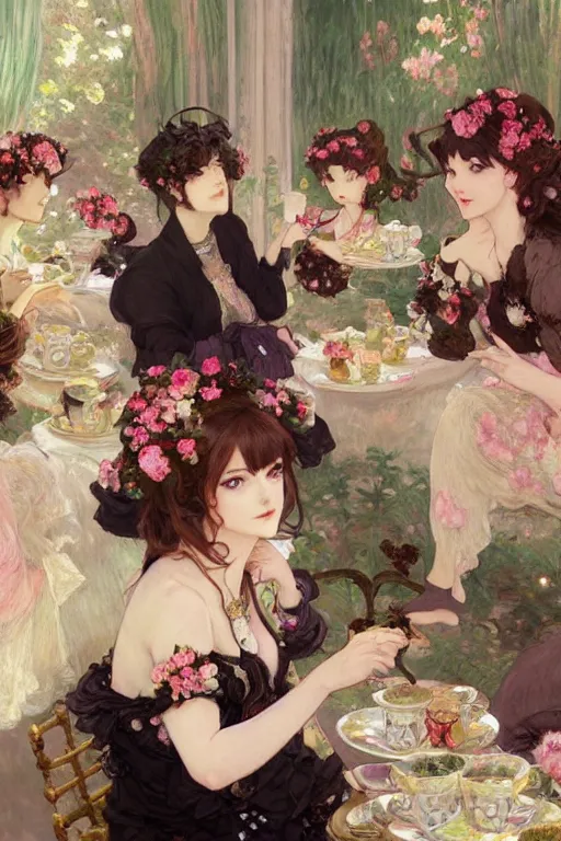 Image similar to a beautiful painting of afternoon tea, rose, black tea, highly detailed, shimmering and prismatic, rococo, by krenz cushart and mucha and monet, trending on artstation.