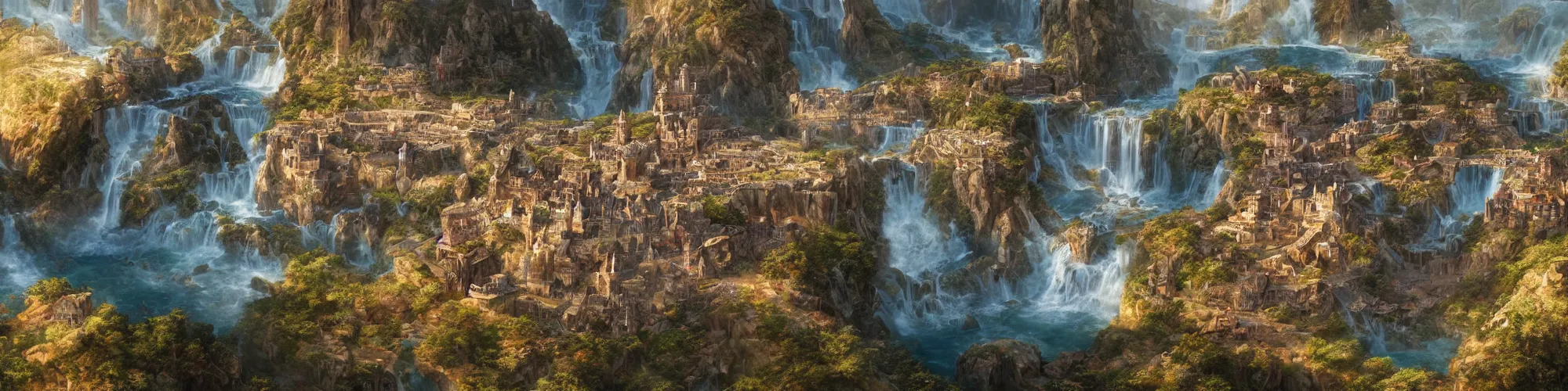 Image similar to Aerial map of a medieval city on top of a giant waterfall, D&D, fantasy, highly detailed, digital painting, artstation, smooth, sharp focus, illustration, art by artgerm and greg rutkowski and james gurney, cinematic, golden hour