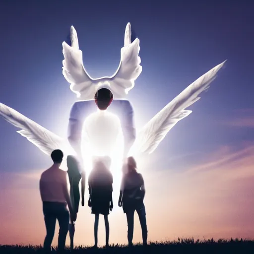 Prompt: people looking to an angel appearing in the sky, 8 k