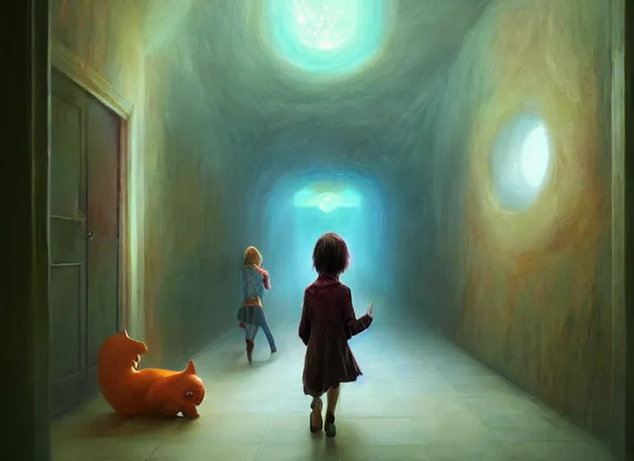 Image similar to a child walks through a hallway into dreams, fantastical surreal art, digital painting by dan volbert and mandy jurgens and deiv calviz and lim chuan shin