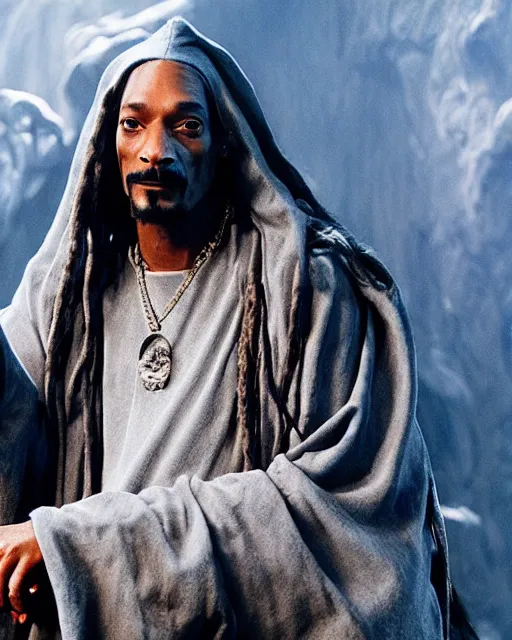 Image similar to Snoop Dogg in the role of Gandalf the Grey, balrog fighting scene in the cave, film still, amazing short, 8K, IMAX, ultra detailed