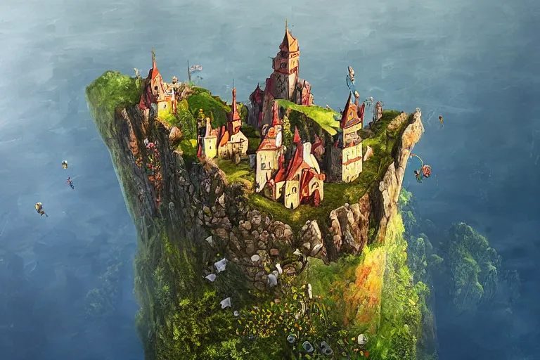 Image similar to an enchanting castle on a cliff by gediminas pranckevicius, overlooking a beautiful landscape, aerial view