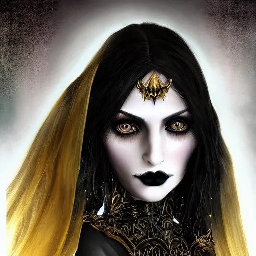 Image similar to a gothic sorceress, long black hair, golden eyes, digital art, highly detailed, high resolution, award winning