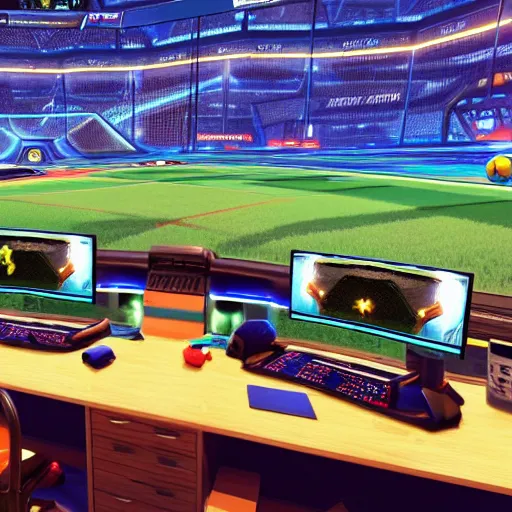 Image similar to instagram photo of 9 huge ultrawide monitors on a desk playing rocket league