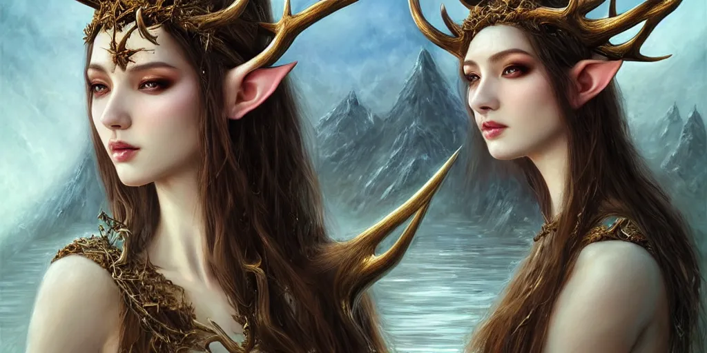 Prompt: a portrait of a group of female elf sorceress with antlers bathing in a lake by karol bak and jia ruan, beautiful detailed eyes, cute, fantasy, intricate, elegant, highly detailed, digital painting, 4 k, hdr, concept art, detailed jewelry, smooth, sharp focus, illustration, art by artgerm